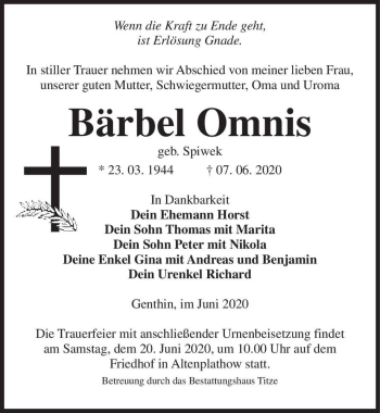 Traueranzeige von Bärbel Omnis (geb. Spiwek)  von Magdeburger Volksstimme