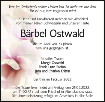 Traueranzeige von Bärbel Ostwald  von Magdeburger Volksstimme