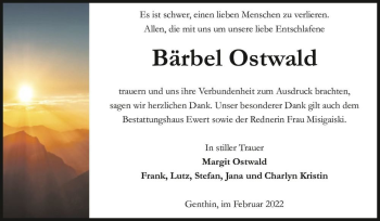 Traueranzeige von Bärbel Ostwald  von Magdeburger Volksstimme