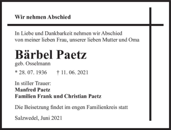 Traueranzeige von Bärbel Paetz (geb. Osselmann)  von Magdeburger Volksstimme