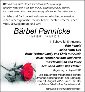 Traueranzeige von Bärbel Pannicke  von Magdeburger Volksstimme