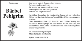 Traueranzeige von Bärbel Pehlgrim  von Magdeburger Volksstimme