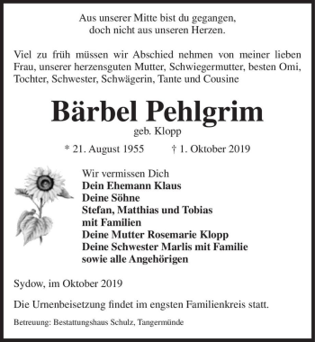 Traueranzeige von Bärbel Pehlgrim (geb. Klopp)  von Magdeburger Volksstimme