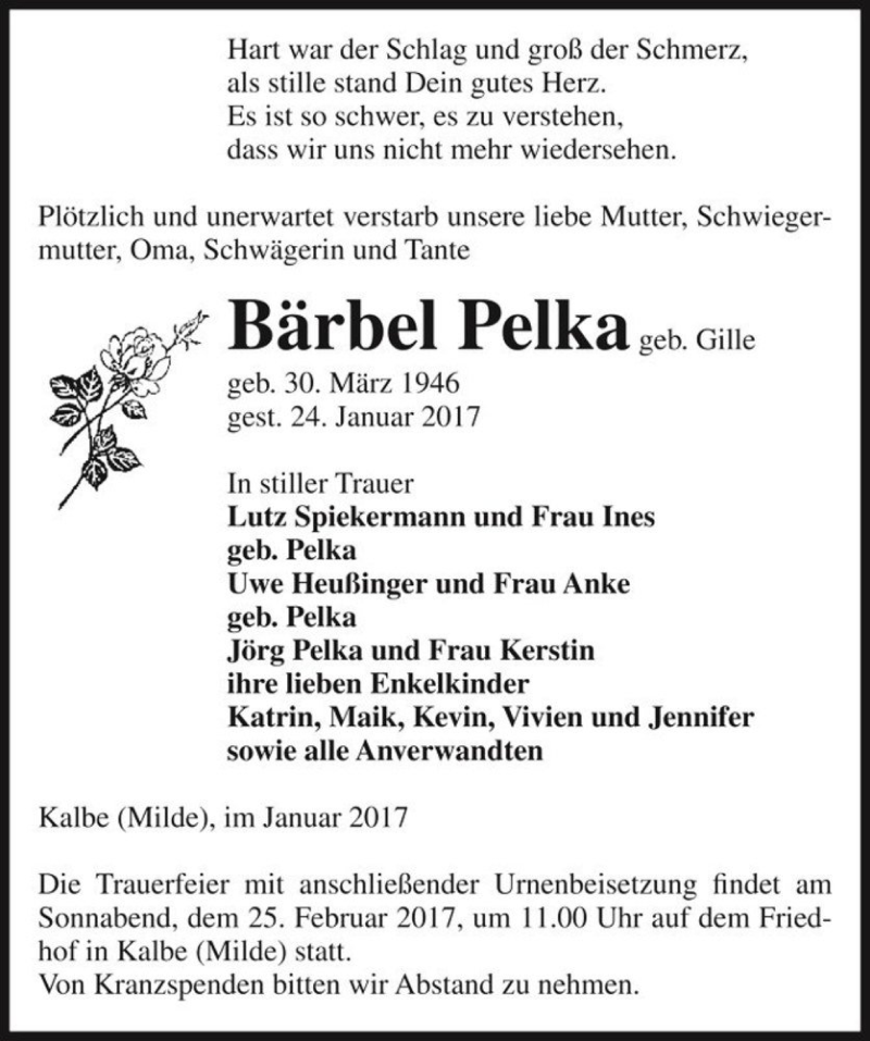  Traueranzeige für Bärbel Pelka (geb. Gille)  vom 03.02.2017 aus Magdeburger Volksstimme