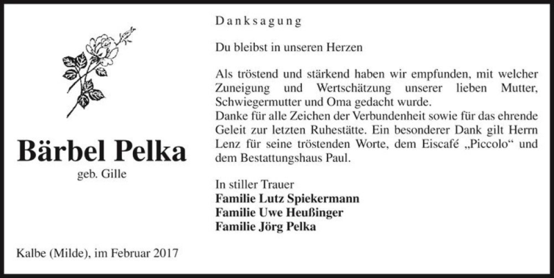  Traueranzeige für Bärbel Pelka (geb. Gille)  vom 04.03.2017 aus Magdeburger Volksstimme