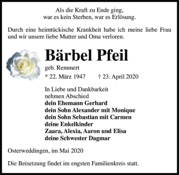 Traueranzeige von Bärbel Pfeil (geb. Remmert)  von Magdeburger Volksstimme