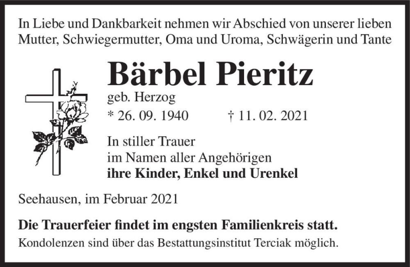  Traueranzeige für Bärbel Pieritz (geb. Herzog)  vom 20.02.2021 aus Magdeburger Volksstimme