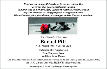 Traueranzeige von Bärbel Pitt  von Magdeburger Volksstimme