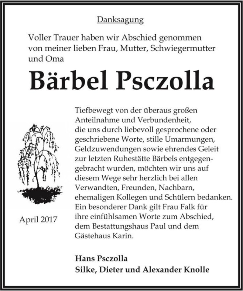  Traueranzeige für Bärbel Psczolla  vom 08.04.2017 aus Magdeburger Volksstimme