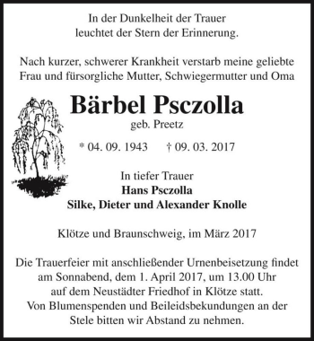 Traueranzeige von Bärbel Psczolla (geb. Preetz)  von Magdeburger Volksstimme