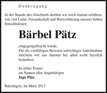 Traueranzeige von Bärbel Pätz  von Magdeburger Volksstimme