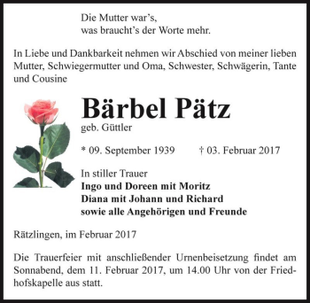 Traueranzeige von Bärbel Pätz (geb. Güttler)  von Magdeburger Volksstimme