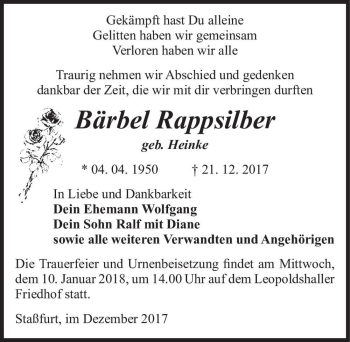 Traueranzeige von Bärbel Rappsilber (geb. Heinke)  von Magdeburger Volksstimme