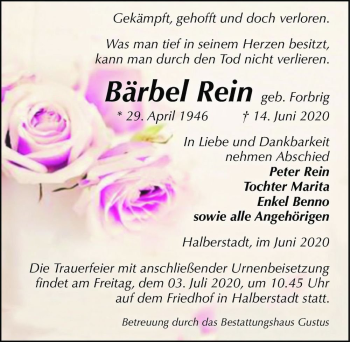 Traueranzeige von Bärbel Rein (geb. Forbrig)  von Magdeburger Volksstimme
