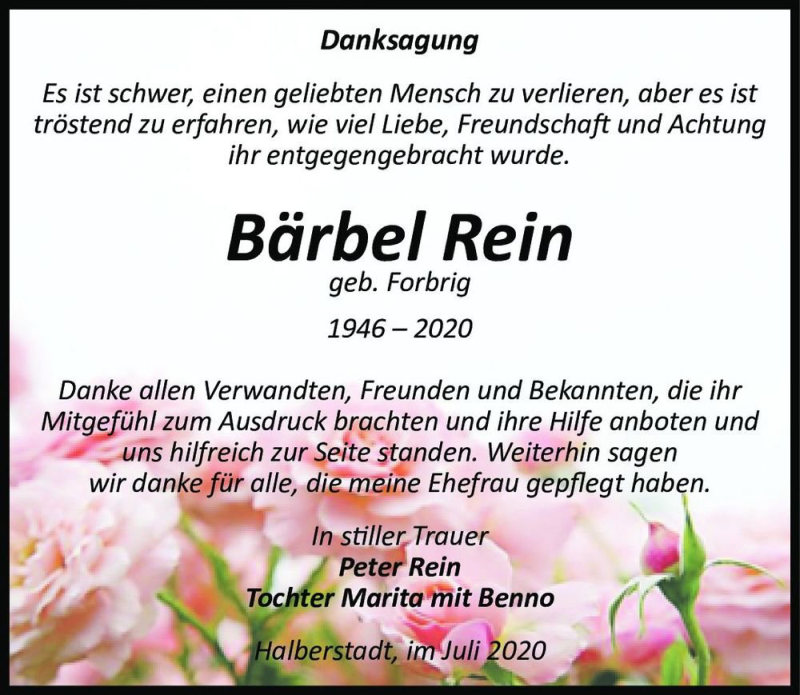  Traueranzeige für Bärbel Rein (geb. Forbrig)  vom 04.07.2020 aus Magdeburger Volksstimme