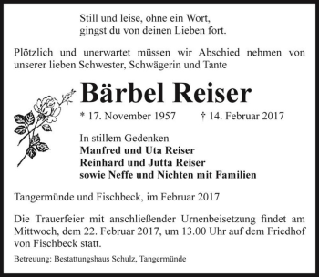 Traueranzeige von Bärbel Reiser  von Magdeburger Volksstimme