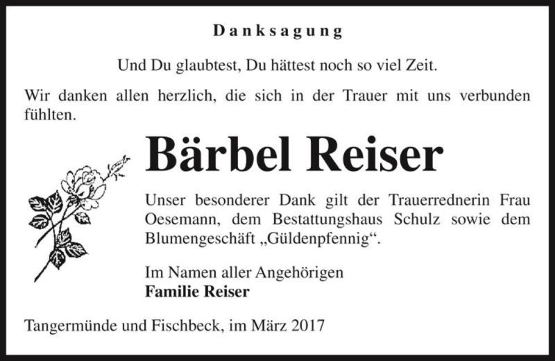  Traueranzeige für Bärbel Reiser  vom 08.03.2017 aus Magdeburger Volksstimme