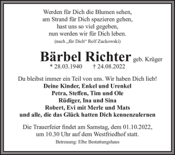 Traueranzeige von Bärbel Richter (geb. Krüger)  von Magdeburger Volksstimme
