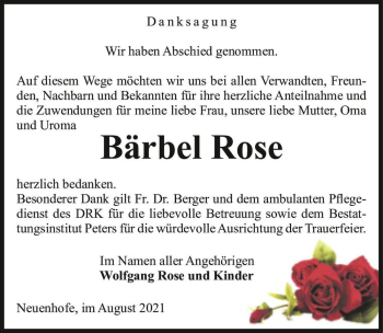Traueranzeige von Bärbel Rose  von Magdeburger Volksstimme