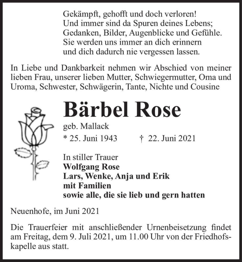 Traueranzeige für Bärbel Rose (geb. Mallack)  vom 25.06.2021 aus Magdeburger Volksstimme