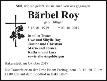 Traueranzeige von Bärbel Roy (geb. Hilliger)  von Magdeburger Volksstimme
