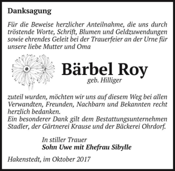 Traueranzeige von Bärbel Roy (geb. Hilliger)  von Magdeburger Volksstimme