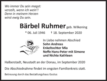 Traueranzeige von Bärbel Ruhmer (geb. Wilkening)  von Magdeburger Volksstimme