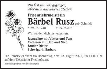Traueranzeige von Bärbel Rusz (geb. Schmidt)  von Magdeburger Volksstimme