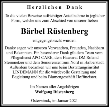 Traueranzeige von Bärbel Rüstenberg  von Magdeburger Volksstimme