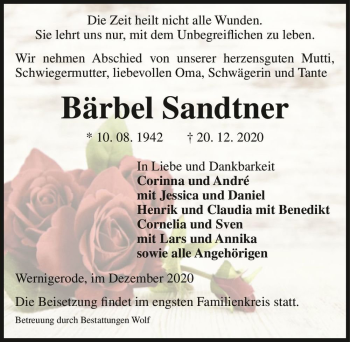 Traueranzeige von Bärbel Sandtner  von Magdeburger Volksstimme