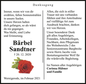 Traueranzeige von Bärbel Sandtner  von Magdeburger Volksstimme