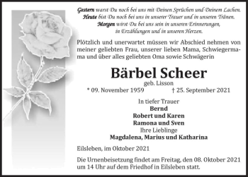 Traueranzeige von Bärbel Scheer (geb. Lisson)  von Magdeburger Volksstimme