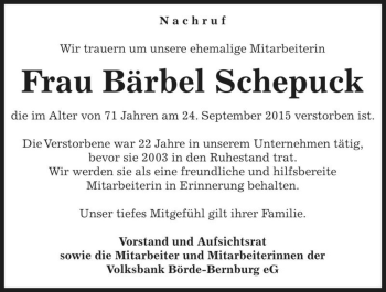 Traueranzeige von Bärbel Schepuck  von Magdeburger Volksstimme