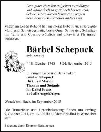 Traueranzeige von Bärbel Schepuck (geb. Kempe)  von Magdeburger Volksstimme
