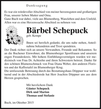 Traueranzeige von Bärbel Schepuck (geb. Kempe)  von Magdeburger Volksstimme