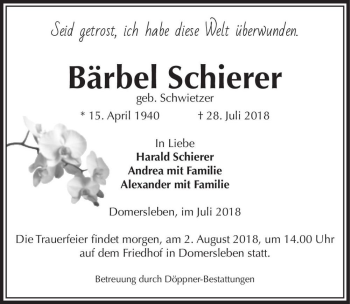 Traueranzeige von Bärbel Schierer (geb. Schwietzer)  von Magdeburger Volksstimme