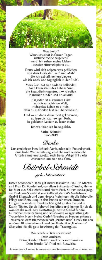 Traueranzeige von Bärbel Schmidt (geb. Scheuschner)  von Magdeburger Volksstimme