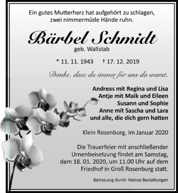 Traueranzeige von Bärbel Schmidt (geb. Wallstab)  von Magdeburger Volksstimme