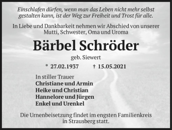 Traueranzeige von Bärbel Schröder (geb. Siewert)  von Magdeburger Volksstimme
