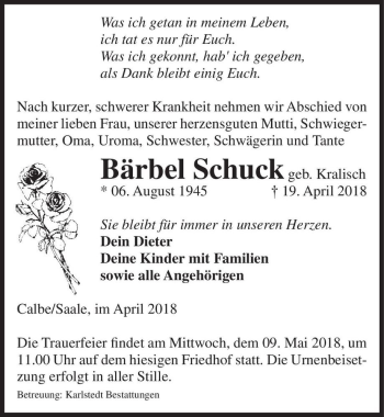 Traueranzeige von Bärbel Schuck (geb. Kralisch)  von Magdeburger Volksstimme