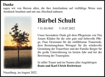 Traueranzeige von Bärbel Schult  von Magdeburger Volksstimme