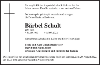 Traueranzeige von Bärbel Schult (geb. Falk)  von Magdeburger Volksstimme