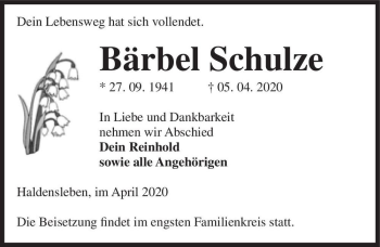 Traueranzeige von Bärbel Schulze  von Magdeburger Volksstimme