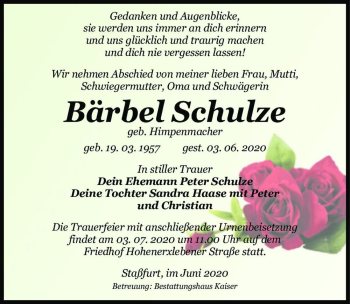 Traueranzeige von Bärbel Schulze (geb. Himpenmacher)  von Magdeburger Volksstimme