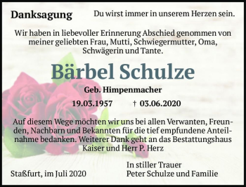 Traueranzeige von Bärbel Schulze (geb. Himpenmacher)  von Magdeburger Volksstimme