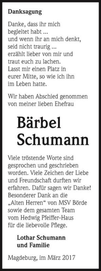 Traueranzeige von Bärbel Schumann  von Magdeburger Volksstimme