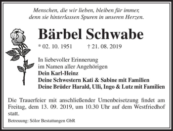 Traueranzeige von Bärbel Schwabe  von Magdeburger Volksstimme