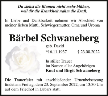 Traueranzeige von Bärbel Schwaneberg (geb. David)  von Magdeburger Volksstimme