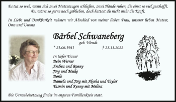 Traueranzeige von Bärbel Schwaneberg (geb. Wendt)  von Magdeburger Volksstimme