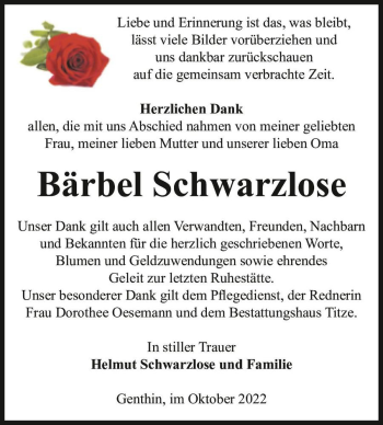 Traueranzeige von Bärbel Schwarzlose  von Magdeburger Volksstimme